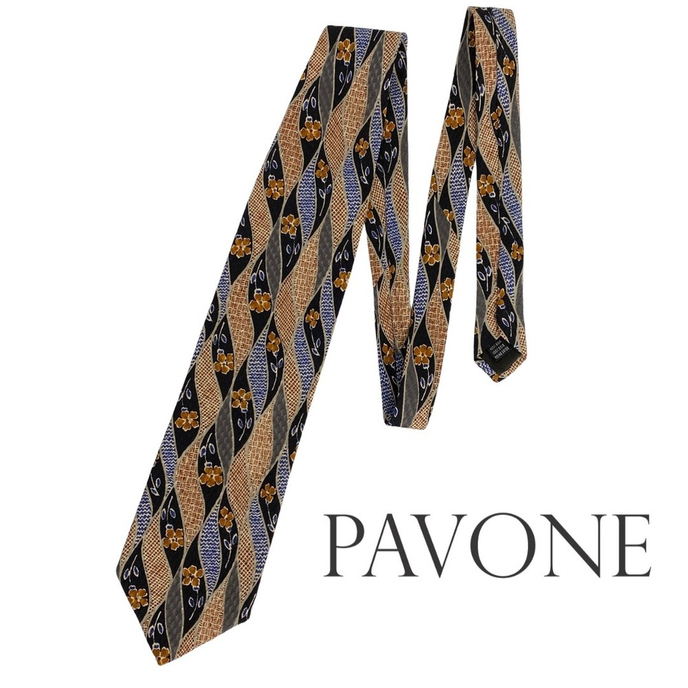 Pavone, Italian 100% Silk Tie Black Gold Blue Floral Geometric Woven Italy